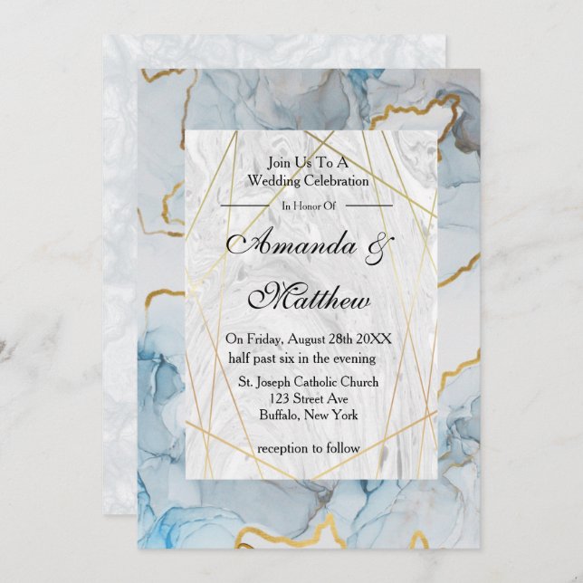 Einladungen zu Hochzeiten in Dusty Blue und Gold M (Vorne/Hinten)