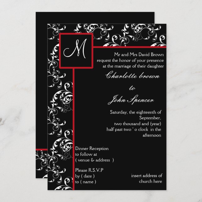 Einladungen zu Hochzeiten von Red Black Damask (Vorne/Hinten)