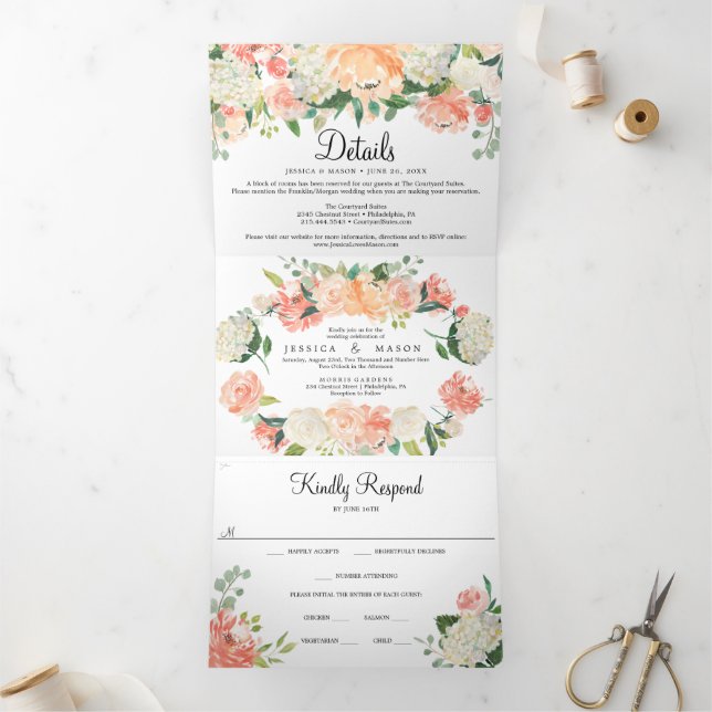 Einladungen zu hübschen Peach floral Wedding Dreif (Innenseite)