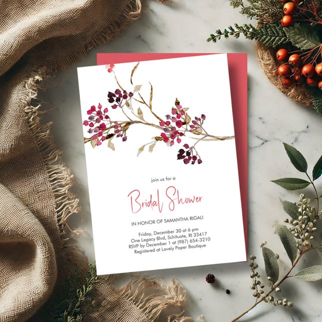 Einladungen zu Red and Brown Fall Bridal Shower (Rustic bridal shower invitations watercolor twigs and berries)
