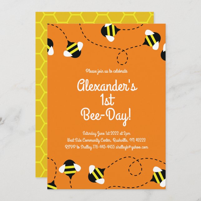 Einladungen zum 1. Geburtstag Mod Bee Day (Vorne/Hinten)