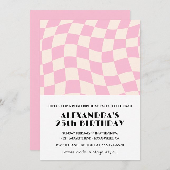 Einladungen zum 25. Geburtstag Checkered Retro Pin (Vorne/Hinten)