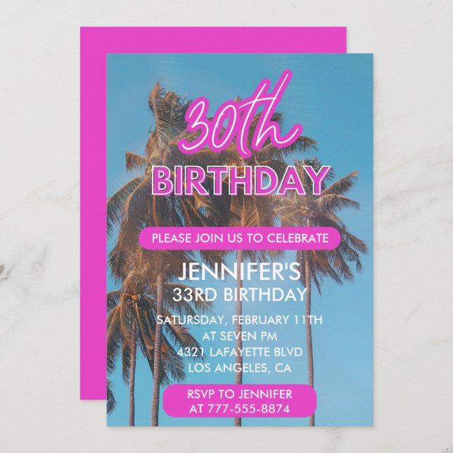 Einladungen zum 30. Geburtstag Pink Tropical Palm  (Vorne/Hinten)