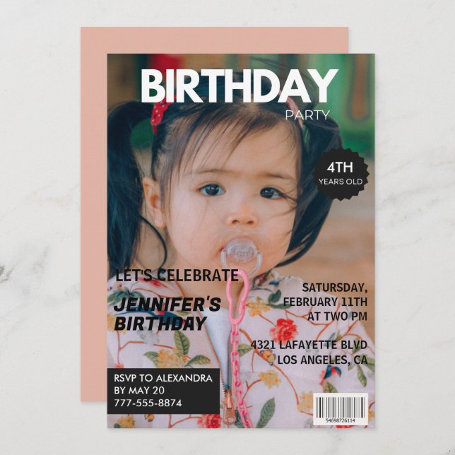 Einladungen zum 4. Geburtstag Girl Magazine Cover (Vorne/Hinten)