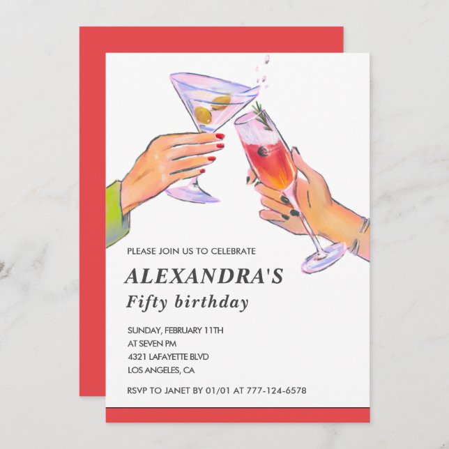 Einladungen zum 50. Geburtstag Cocktail Fun Party (Vorne/Hinten)