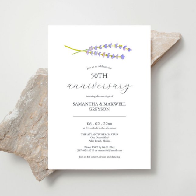Einladungen zum 50. Hochzeitstag (50th wedding anniversary invitations minimalistic lavender watercolor art by Victoria Grigaliunas)