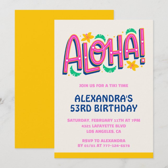 Einladungen zum 53. Geburtstag Tropical Aloha Hawa (Vorne/Hinten)