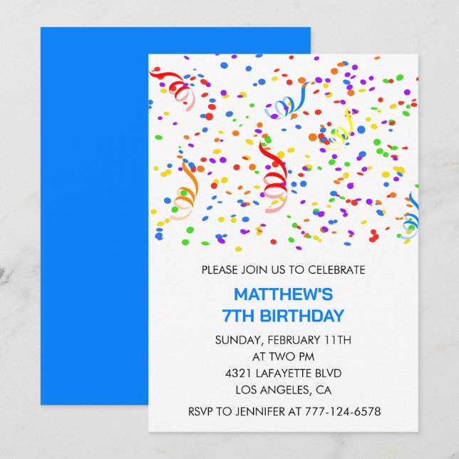 Einladungen zum 7. Geburtstag Confetti Rainbow Boy (Vorne/Hinten)