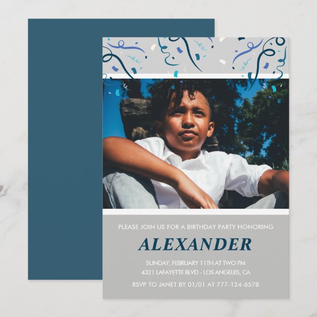 Einladungen zum 9. Geburtstag Boy Confetti Foto Na (Vorne/Hinten)