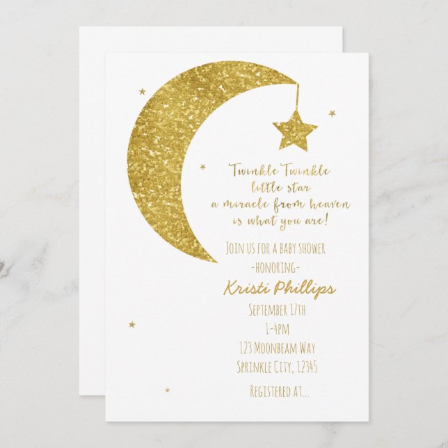 Einladungen zum Baby Dusche & White Moon & Stars (Vorne/Hinten)