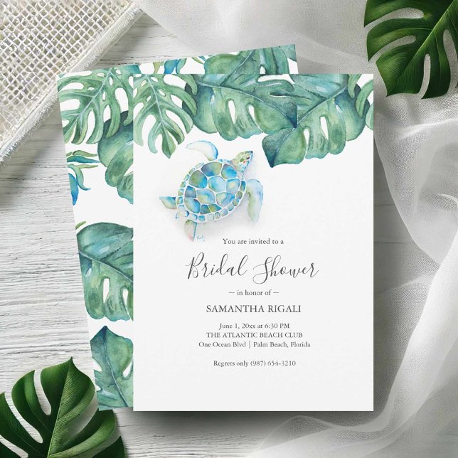 Einladungen zum Drucken von Brautduschen (Tropical bridal shower invitations printing with watercolor sea turtle and monstera leaves)