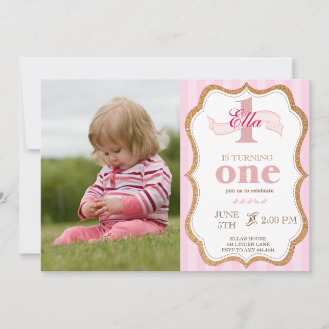 Einladungen zum ersten Geburtstag - Gold und Rosa  (Vorderseite)