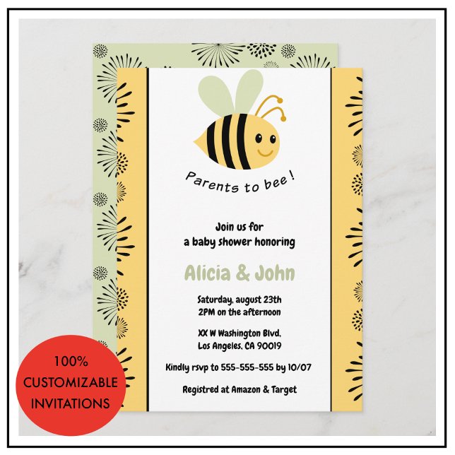 Einladungen zur Bienendusche (Bee baby shower invitations coed bumblebee gender neutral)
