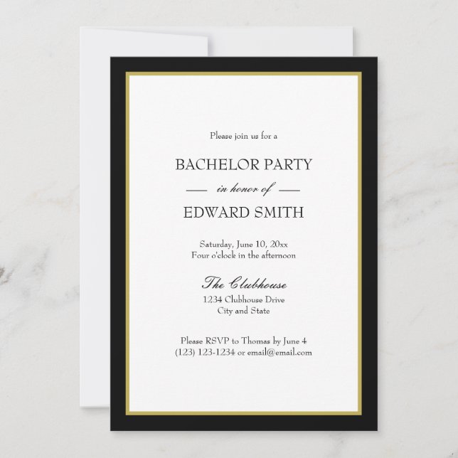 Einladungen zur Black Gold Border Bachelor Party (Vorderseite)