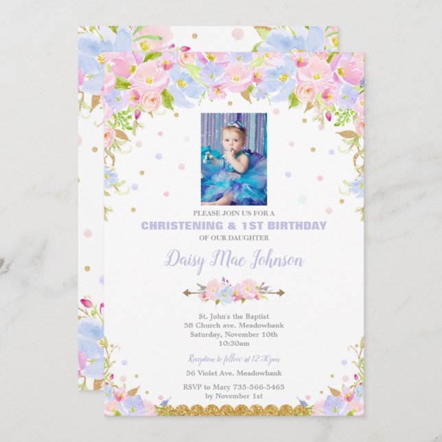 Einladungen zur Blumenweihe 1. Geburtstagskarte (Vorne/Hinten)