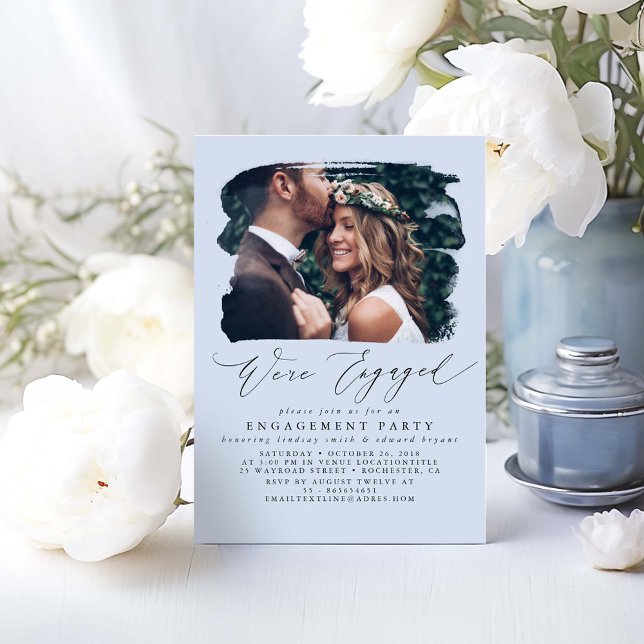 Einladungen zur Foto-Engagement-Partei - Wir sind  (Dusty Blue Engagement Party Photo Invitations)