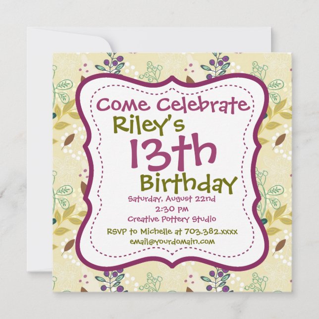 Einladungen zur Geburtstagspartei von lila Grüner  (Vorderseite)