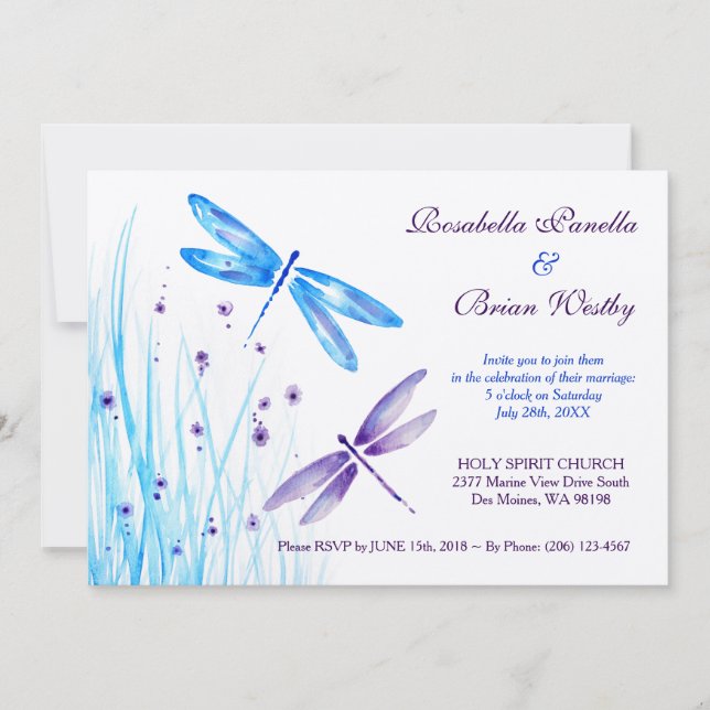 Einladungen zur Hochzeit der Libellen - Blaues Was (Vorderseite)