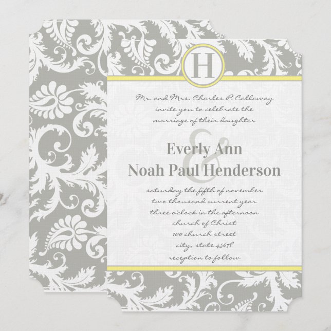 Einladungen zur Hochzeit in Grau und Gelb (Vorne/Hinten)