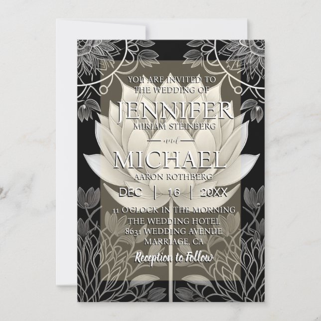 Einladungen zur Hochzeit in Schwarz-Weiß-Lotus (Vorderseite)