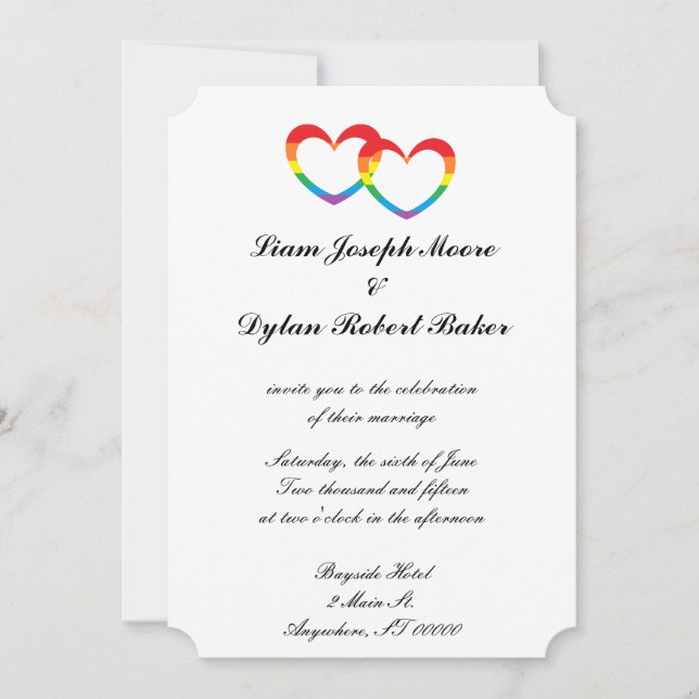 Einladungen zur Hochzeit "Rainbow Double Hearts" (Vorderseite)