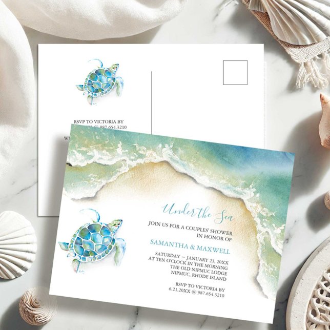 Einladungen zur Kinderdusche Wasserfarbenschildkrö (Baby boy shower invitations cute watercolor under the sea turtle Victoria Grigaliunas DoTellABelle)