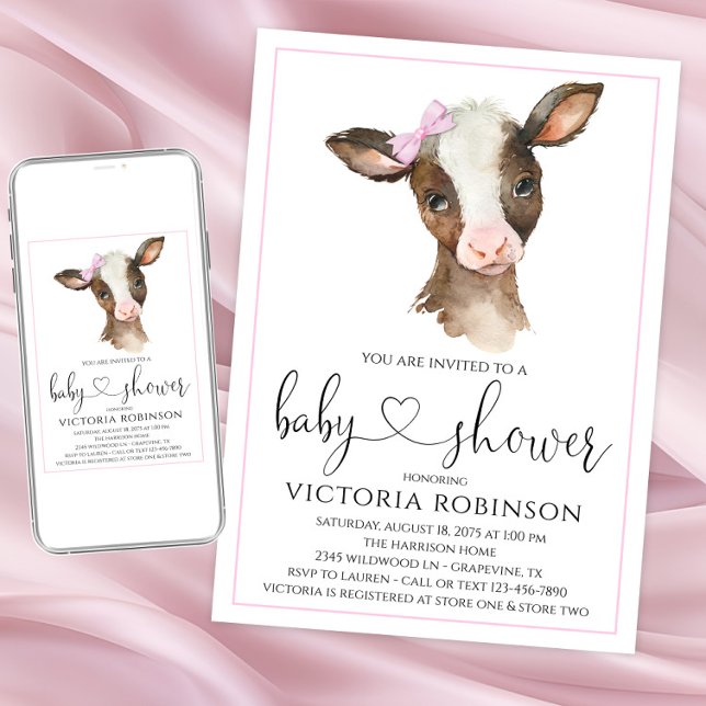 Einladungen zur niedlichen Kuh Girl Farm Baby Show (Adorable cow baby shower invitations. Instant download and printed invitations available.)