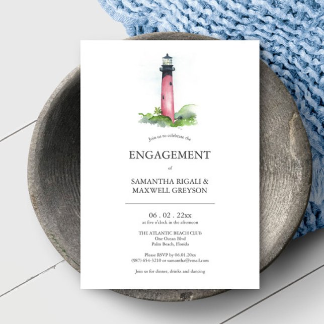 Einladungen zur Partei "Coastal Lighthouse Engagem (Online engagement invitations feature unique nautical lighthouse art by Victoria Grigaliunas)