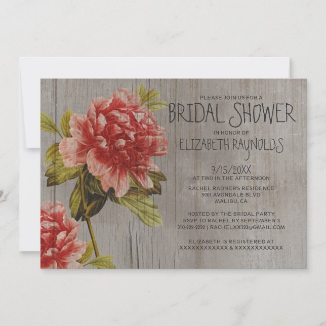 Einladungen zur Rustikalen Peony Bridal (Vorderseite)