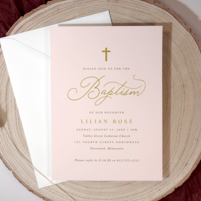 Einladungen zur Taufe über die Taufe - Rosa-Tochte (Light pink girl’s baptism invitation with gold script and cross—elegant and personalized.)