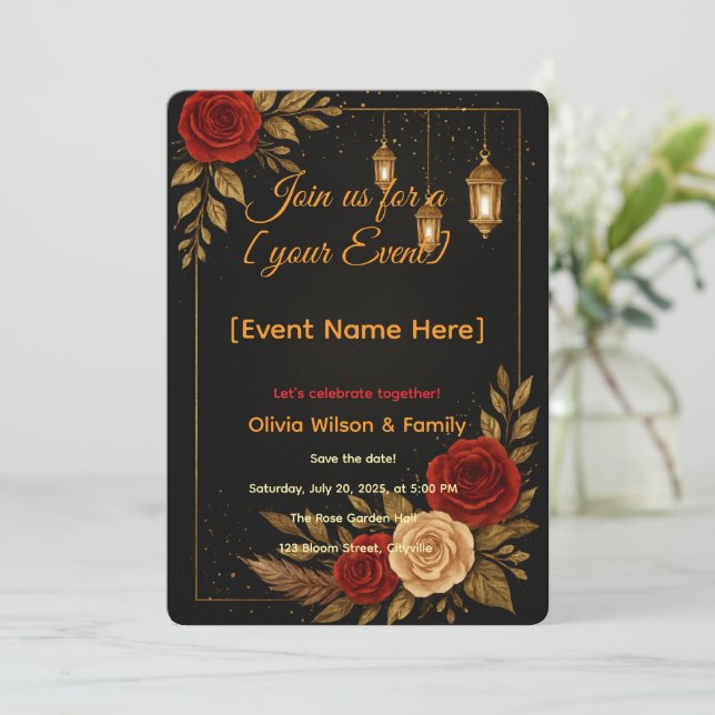 Einladungs-Card-Vorlage Luxus Black Gold Floral Einladung (Stehend Vorderseite)