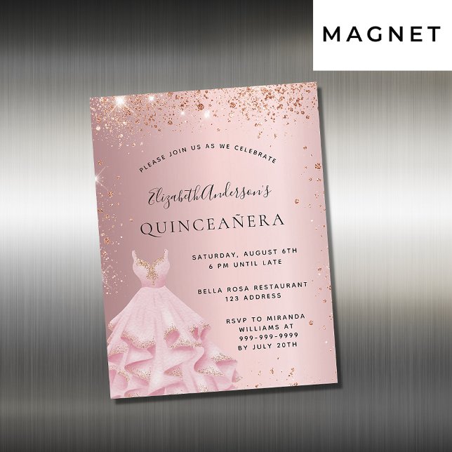 Einladungs-Magnet für die Quinceanera-Rosa-Kleidun Magnetkarte (Von Creator hochgeladen)