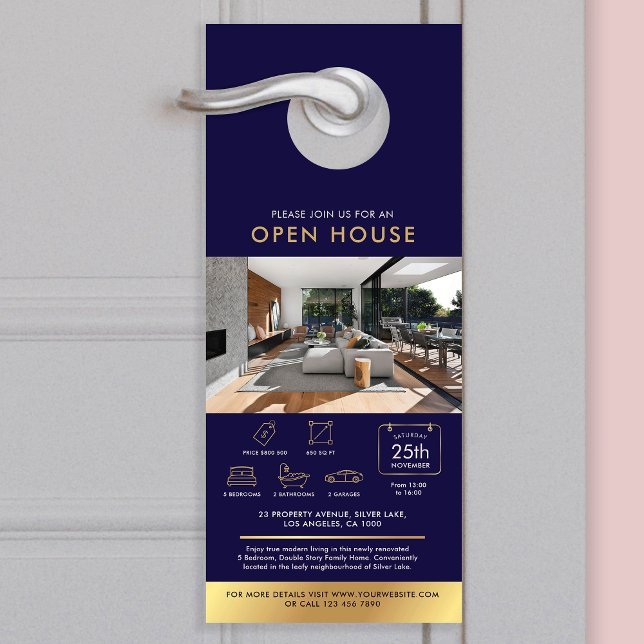 Einladungshaus für Schiffe und Gold zum Verkauf Türanhänger (Navy and gold real estate house for sale marketing door hanger with photos and custom text)