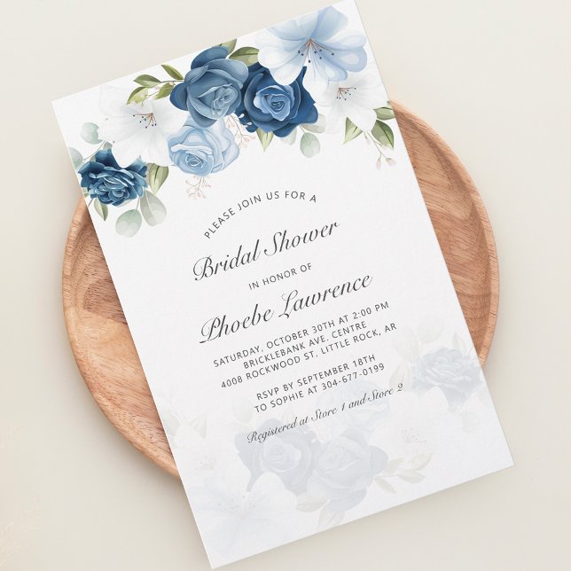 Einladungskarte für die Dusche der Blume Briefpapier (Dusty Blue Floral Script Typography Bridal Shower Invitation Stationery)