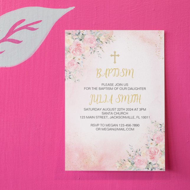 Einladungskarte für elegante Rosa Gold Floral Einladung (pink gold floral baptism card)