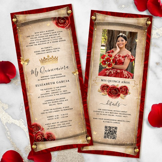 Einladungskarte für Red and Gold Quinceanera Scrol Einladung (Elegant red and gold quinceanera scroll invitation cards for your fairytale birthday party.)