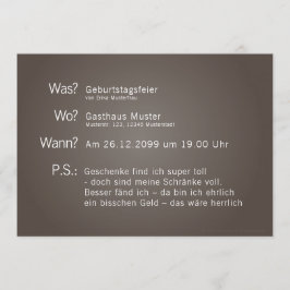Einladungskarte mit "Was? Wann? Wo? P.S.:"-Text Einladung