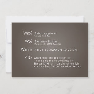 Einladungskarte mit "Was? Wann? Wo? P.S.:"-Text Einladung