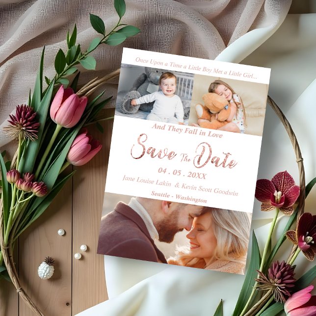 Einmal drei Fotos vor und nach Save The Date (Once Upon a Time a Little Boy Met a Little Girl... Three Photos Save the Date Cards.)