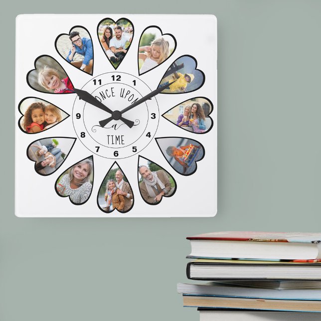 Einmal im Alter von 12 Herz geformte Fotos weiß Quadratische Wanduhr (Photo clock with 12 heart shaped photos. Unusual design for your home and a thoughtful photo gift.)