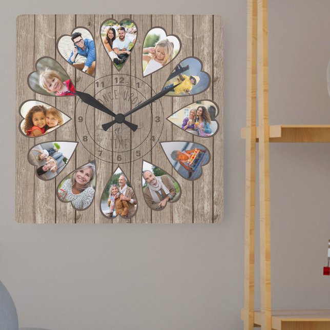 Einmal in der 12. Generation gebranntes Foto Quadratische Wanduhr (Photo clock with 12 heart shaped photos. Unusual design for your home and a thoughtful photo gift.)