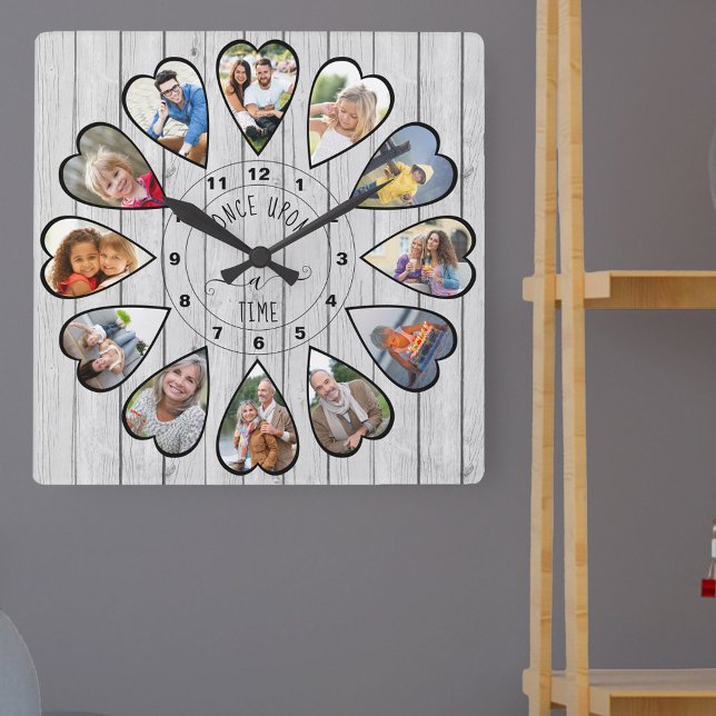 Einmal in der 12. Generation herzerformtes Foto Gr Quadratische Wanduhr (Photo clock with 12 heart shaped photos. Unusual design for your home and a thoughtful photo gift.)