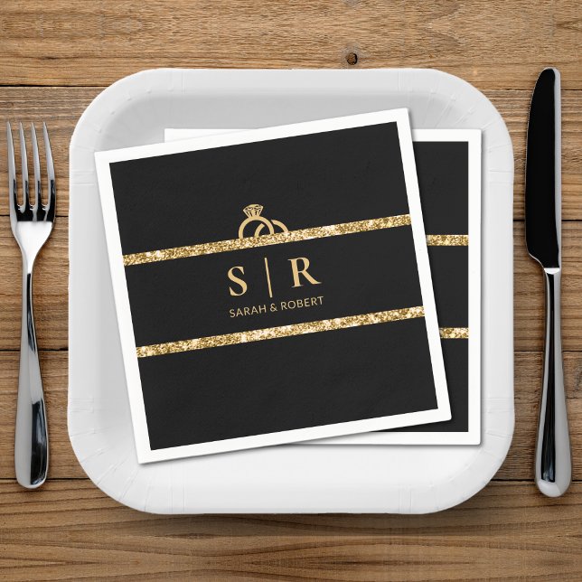 Einmalige Hochzeit des Black & Gold Glitzer Monogr Serviette (Black & Gold Glitter Monogram Initial Wedding Napkins)