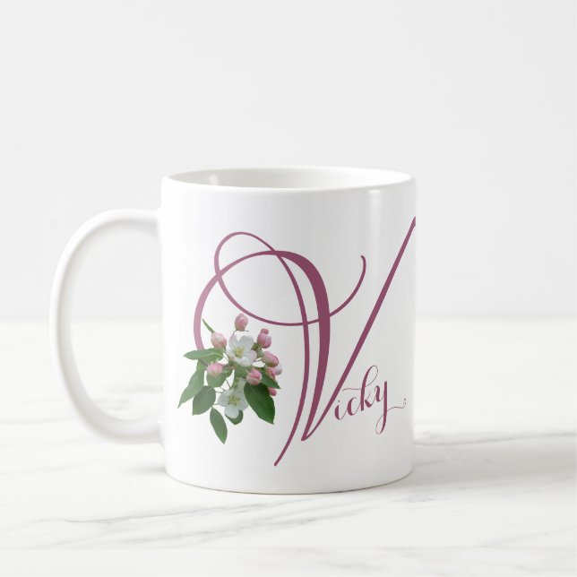 Einmalige Vicky Name Monogramm niedlich rosa Blüte Kaffeetasse (Links)