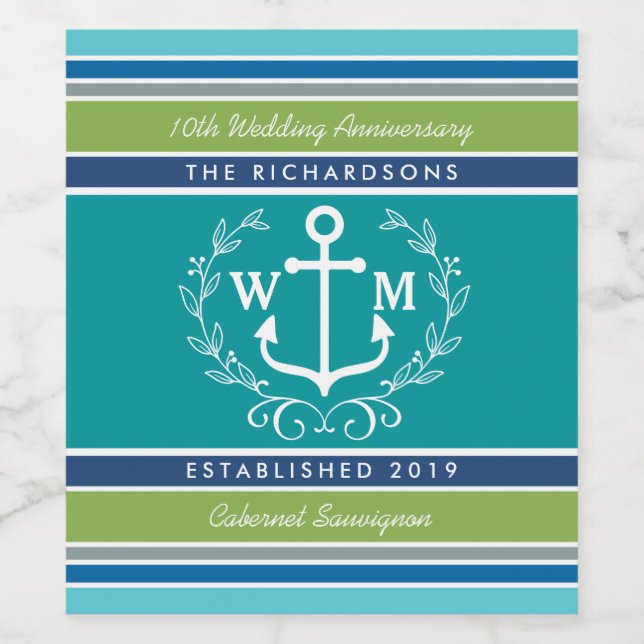 Einmaliger Anchor Laurel Wreath Aqua Stripes Weinetikett (Einzelnes Label)