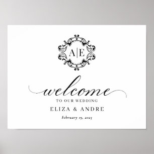 Einmaliges Schwarz-Weiß-Wappen-Monogramm-Hochzeit Poster