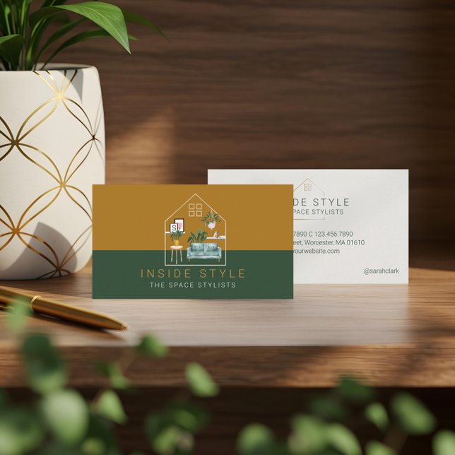 Einrichtung Stilvolle Zuhause-Staging Green & Gold Visitenkarte (Furniture Decor Stylish Home Staging Green & Gold Business Card)