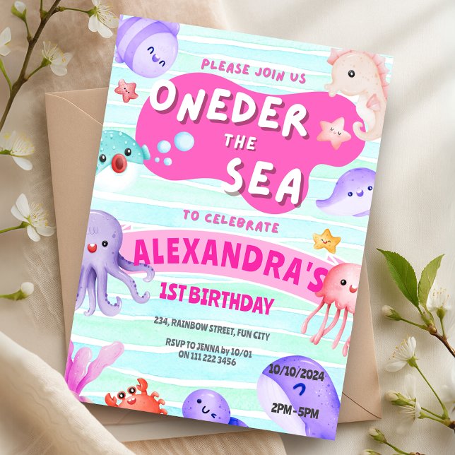 Eins der Meereslebewesen 1. Geburtstag Einladung (Oneder the Sea 1st Birthday Girl Ocean Animals Invitation)
