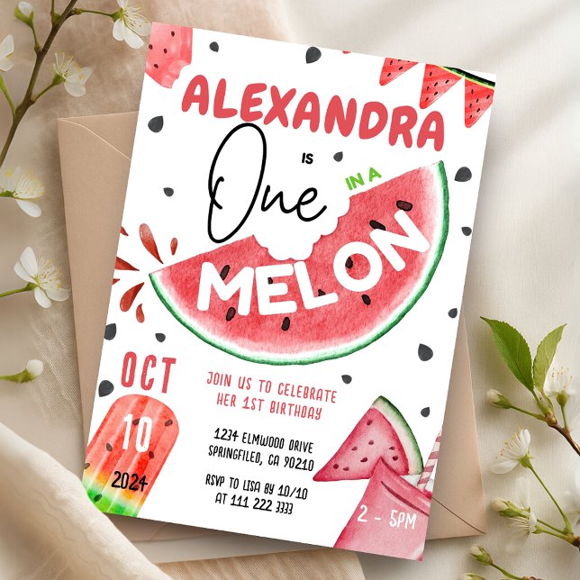 Eins in A Melon 1st Watermelon Girl Einladung (One in A Melon 1st Watermelon Girl Birthday Invitation)