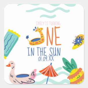 Eins in der Sonne erste Geburtstagsfeier Pool Dood Quadratischer Aufkleber